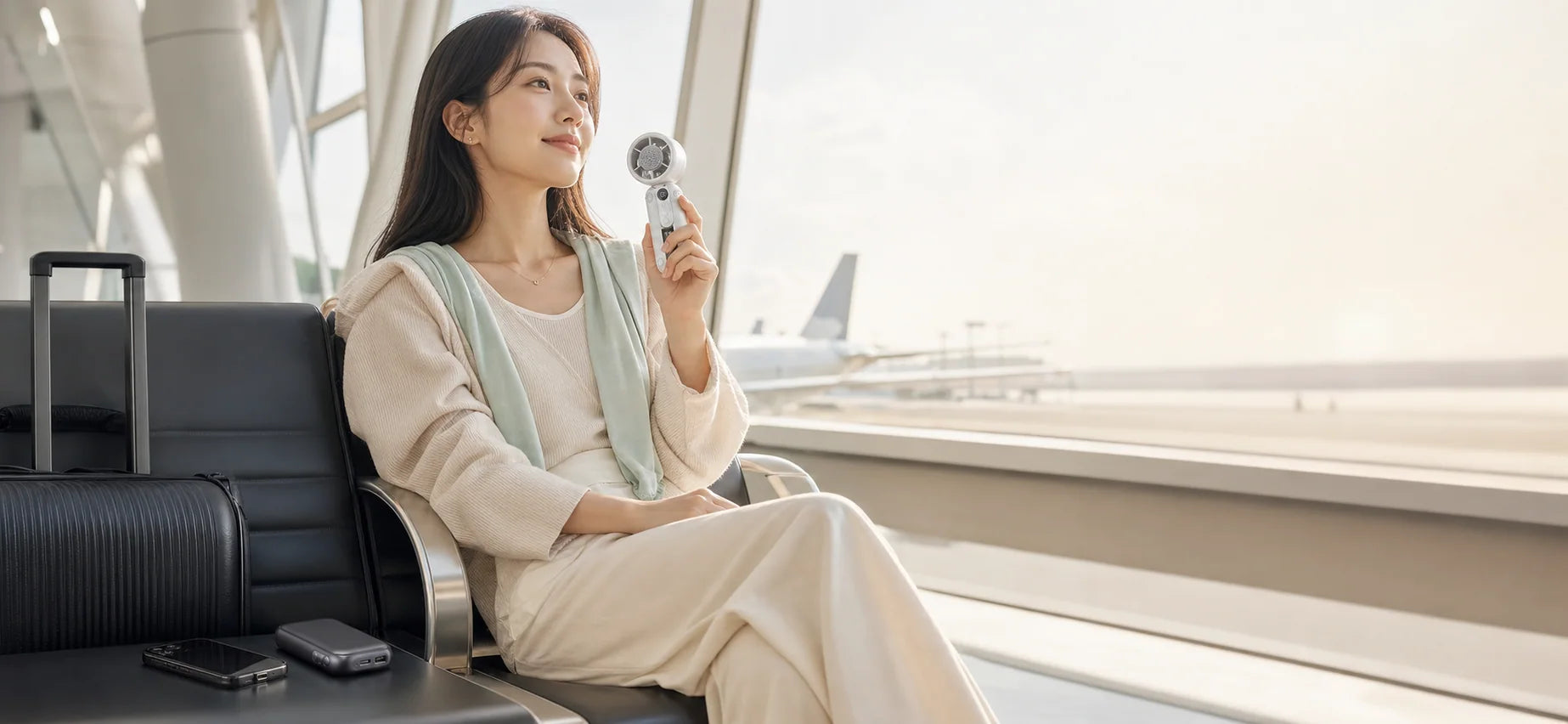 Traveler using a Roabol handheld fan